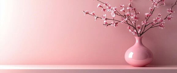 Canvas Print - Pink blossoms in a pink vase on a pink shelf against a pink wall.