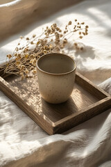 Wall Mural - A rustic cup rests on a wooden tray, bathed in sunlight, next to dried flowers. A serene, minimalist scene.