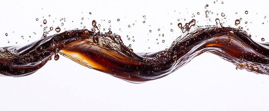 Dark brown liquid flowing in a wave, splashing and creating bubbles against a white background.