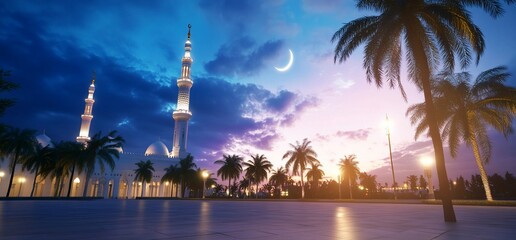 Wall Mural - Mosque twilight, crescent moon, palm trees.  Ramadan greeting