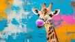 © atipong - Modern art collage Concept giraffe with bubble gum on color background Funny animals
