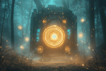 Wall Mural - A mystical portal glowing in an enchanted forest, mysterious symbols surrounding it