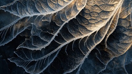 Poster - Frost-covered leaves captured during early morning light in a serene outdoor setting