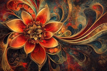Poster - Colorful floral design featuring intricate swirls on a cream background showcasing detailed artistry