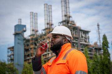 Sticker - Engineers wearing safety gear, including hard hats examining survey standing industrial facility gas or oil refinery engaged in a job requires high safety standards concept.	