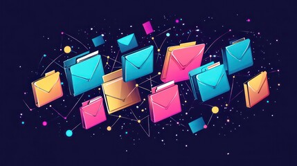Leinwandbilder - Colorful envelopes and folders interconnected, symbolizing digital communication and data flow.
