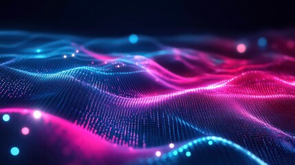 Wall Mural - Abstract digital wave background with pink and blue glowing particles.