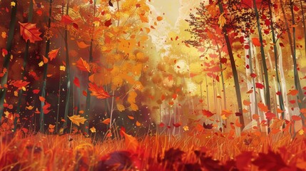 Poster - Magical forest landscape bathed in soft light during autumn with vibrant foliage and mystical atmosphere