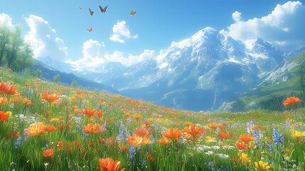 Wall Mural - Vibrant wildflowers bloom in a picturesque alpine meadow, with majestic snow-capped mountains and butterflies in the background under a bright sunny sky.