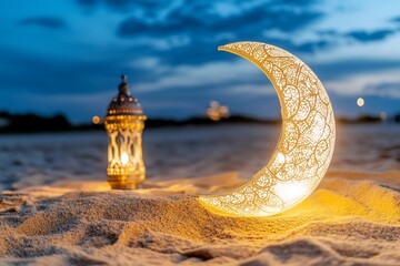 Wall Mural - Illuminated crescent moon and lantern on beach at dusk; Ramadan