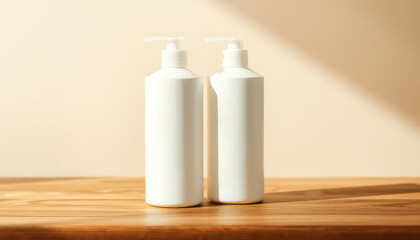 Two white bottles of liquid soap are sitting on a wooden table