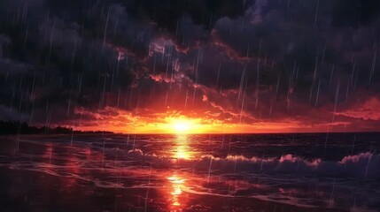 Wall Mural - A beautiful sunset over the ocean, with clouds and rain falling in front of it. The beach is visible on one side