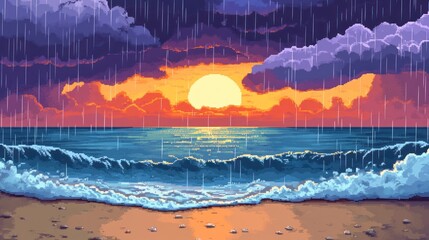 Wall Mural - A beautiful sunset over the ocean, with clouds and rain falling in front of it. The beach is visible on one side