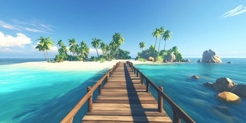 Wall Mural - A long wooden pier leads to an exotic island with palm trees and white sandy beaches, surrounded by crystal-clear turquoise water. 