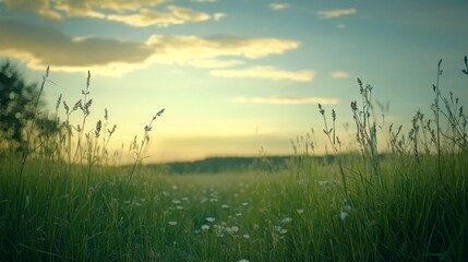 Wall Mural - A serene meadow with tall grass and wildflowers under the soft glow of an early evening sky