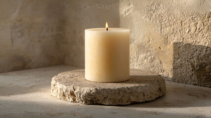 Wall Mural - A lit candle rests on a rustic stone base, bathed in warm sunlight against a textured wall.