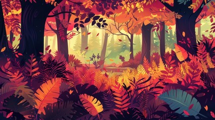Poster - Magical forest landscape bathed in soft light during autumn with vibrant foliage and mystical atmosphere