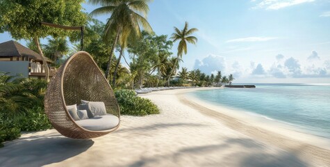 Wall Mural - A beach in the Maldives with white sand, palm trees, and an overwater hanging chair on it. The sea is blue and calm.