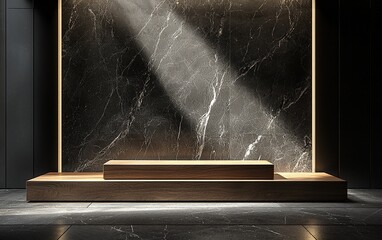 Canvas Print - Dark marble wall with wooden platform and spotlight.