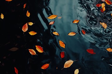 Wall Mural - A serene autumn lake with golden and red leaves floating on the water surface