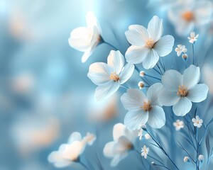 Canvas Print - Soft, dreamy white flowers on a blue background.