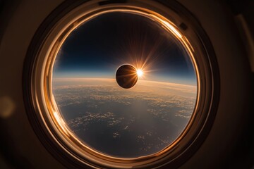 Wall Mural - A spaceship window view of a massive black hole, light bending around it