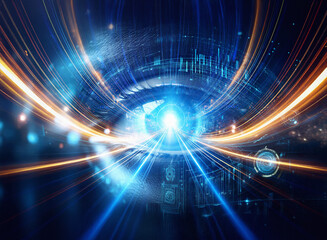 Poster - Abstract sci-fi double exposure image. A glowing eye, digital circuitry, and streaks of light create a futuristic, dynamic background.