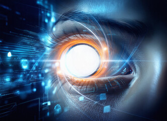 Aufkleber - Abstract sci-fi double exposure image of a human eye with a glowing, technological iris against a digital background.  The effect is surreal and futuristic.