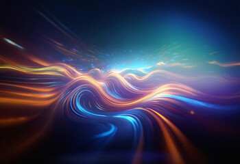 Aufkleber - Abstract sci-fi landscape created with a double exposure technique. Glowing, wavy lines of light flow across a dark background, creating a sense of depth and movement.