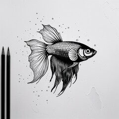 Wall Mural - Betta fish art black and white flat design simple line hand drawing on plain white background