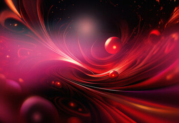 Fototapete - Abstract sci-fi background created with a double exposure effect. Swirling red and pink forms create a dynamic, otherworldly scene with glowing spheres.