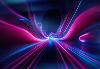 Poster - Abstract sci-fi double exposure artwork. Glowing pink and blue light streaks converge, creating a dynamic, futuristic background.  The image evokes a sense of speed and movement.