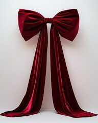 Large red velvet bow decoration hanging against a plain white background, creating an elegant and festive atmosphere suited for various occasions