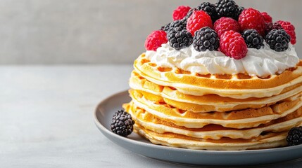 Wall Mural - Layers of fluffy pancakes topped with whipped cream and fresh berries on a gray plate