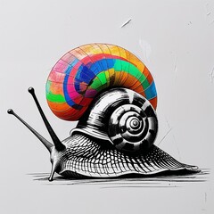 Sticker - Snail art black and white flat design simple line hand drawing on plain white background