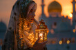 © Alina - Young arab woman holding lantern at sunset near mosque, Ramadan