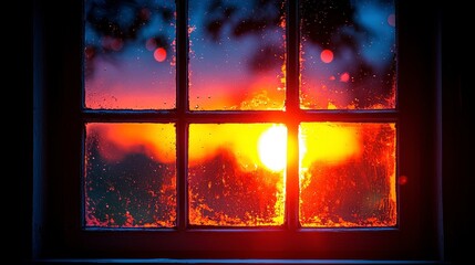 Wall Mural - sunset viewed through rain-streaked windowpane