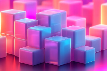 Wall Mural - a gradient background with glowing 3d blocks stacked in a grid, each representing various web3 eleme