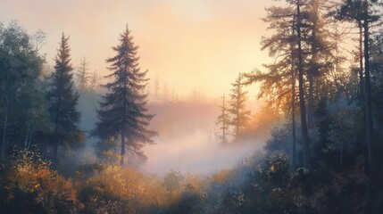 Poster - Morning sunlight filters through misty forest as trees emerge in golden hues near a tranquil landscape at dawn