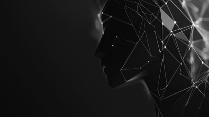 Poster - Abstract profile of a woman's face formed by a network of lines and dots, on a dark background.