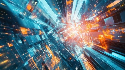 Fototapete - Dynamic cityscape with bright neon lights and futuristic architecture in a bustling urban environment at night
