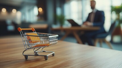 Leinwandbilder - A miniature shopping cart sits on a wooden table, with a blurred businessman working in the background, highlighting a blend of retail and professional environments.