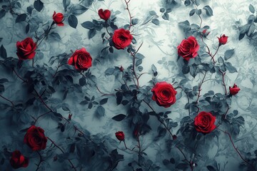 Aufkleber - Elegant arrangement of red roses on a soft blue background showcasing nature's beauty in a serene indoor setting