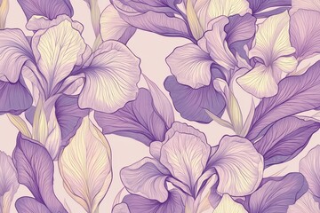Poster - Colorful iris flower pattern showcasing soft purple hues in a delicate design ideal for fabric or wallpaper in spring or summer