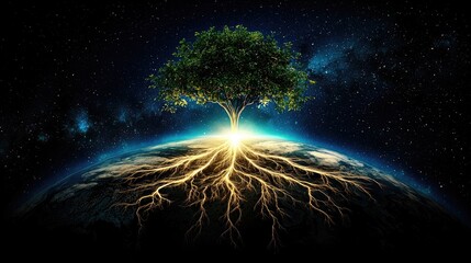 the planet earth with visible continents, in space with a tree of light with bright leaves on top of