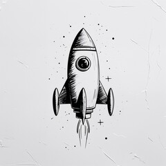 Wall Mural - A toy rocket art black and white flat design simple line hand drawing on plain white background