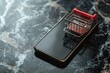 © Olha - Smartphone showcasing online shopping cart and payment options on marble surface. Generative AI