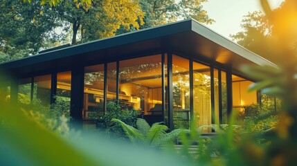 Aufkleber - Modern glass house surrounded by lush greenery in a serene forest setting during golden hour showcasing natural light and design harmony
