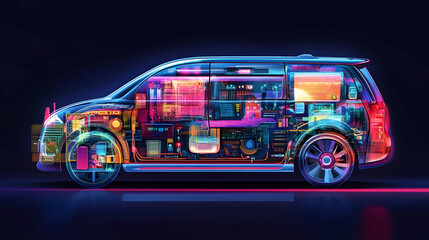 Sticker - A cross-section diagram of a self-driving electric vehicle showcasing interior components such as lidar sensors, AI units, and electric engines  -  