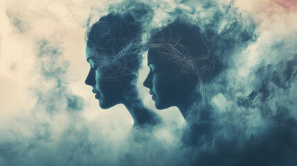 Wall Mural - A digital composite illustrating mental health complexities with neural patterns and swirling mist enveloping silhouetted profiles  -  